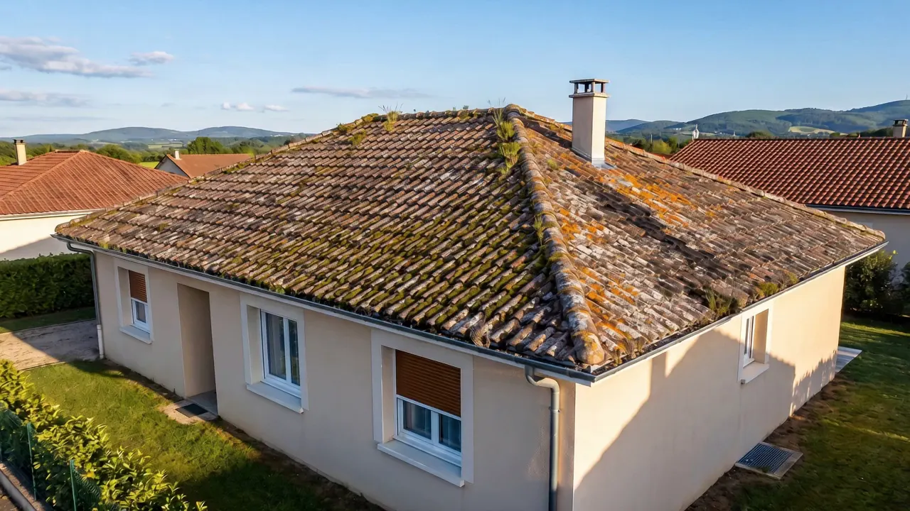Toit en tuiles romanes couvert de mousse et de lichens, avant démoussage